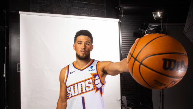 Oct 2, 2023; Phoenix, AZ, USA; Phoenix Suns guard Devin Booker poses for a portrait during media day at Footprint Center. Mandatory Credit: Mark J. Rebilas-USA TODAY Sports